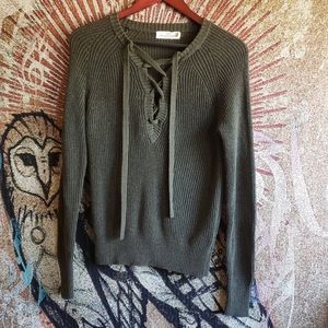 CUTE olive green lace up knit sweater.